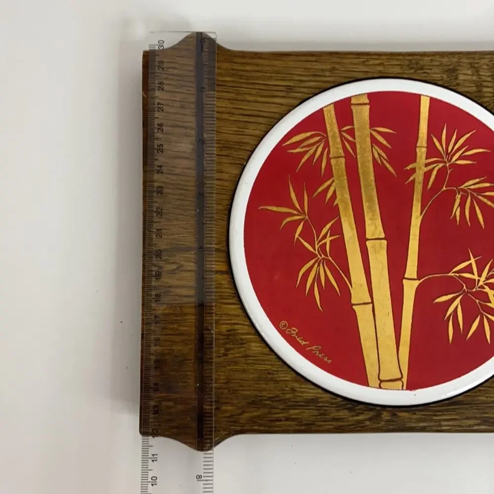 Fred Press | MCM Red & Gold Bamboo Ceramic Inlay Cheese Board Serving Tray